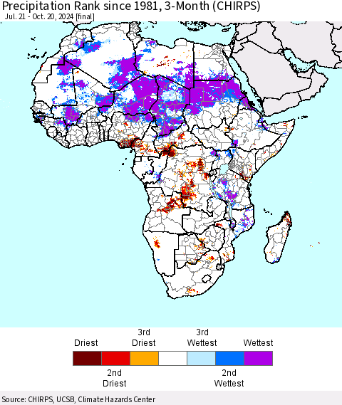 Africa Precipitation Rank since 1981, 3-Month (CHIRPS) Thematic Map For 7/21/2024 - 10/20/2024