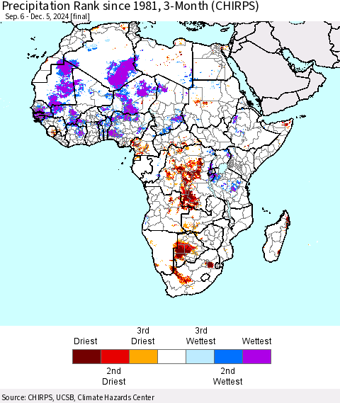Africa Precipitation Rank since 1981, 3-Month (CHIRPS) Thematic Map For 9/6/2024 - 12/5/2024