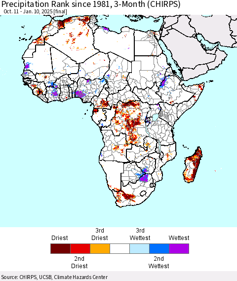 Africa Precipitation Rank since 1981, 3-Month (CHIRPS) Thematic Map For 10/11/2024 - 1/10/2025