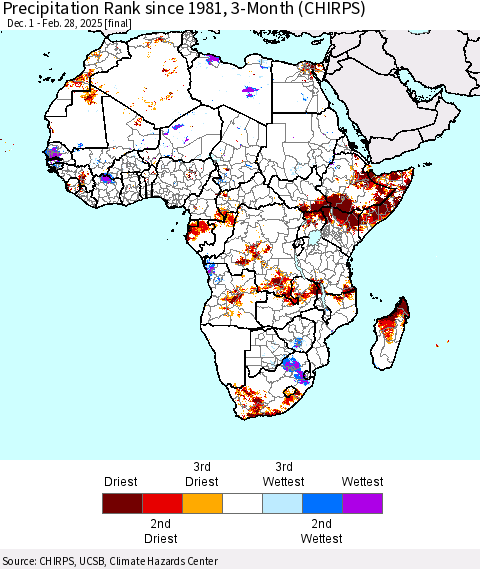 Africa Precipitation Rank since 1981, 3-Month (CHIRPS) Thematic Map For 12/1/2024 - 2/28/2025