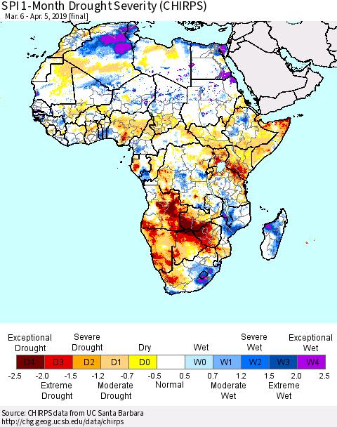 Africa SPI 1-Month Drought Severity (CHIRPS) Thematic Map For 3/6/2019 - 4/5/2019