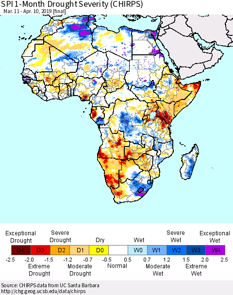 Africa SPI 1-Month Drought Severity (CHIRPS) Thematic Map For 3/11/2019 - 4/10/2019