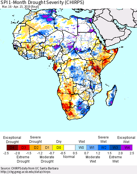Africa SPI 1-Month Drought Severity (CHIRPS) Thematic Map For 3/16/2019 - 4/15/2019