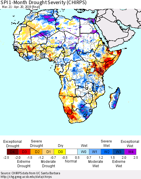 Africa SPI 1-Month Drought Severity (CHIRPS) Thematic Map For 3/21/2019 - 4/20/2019