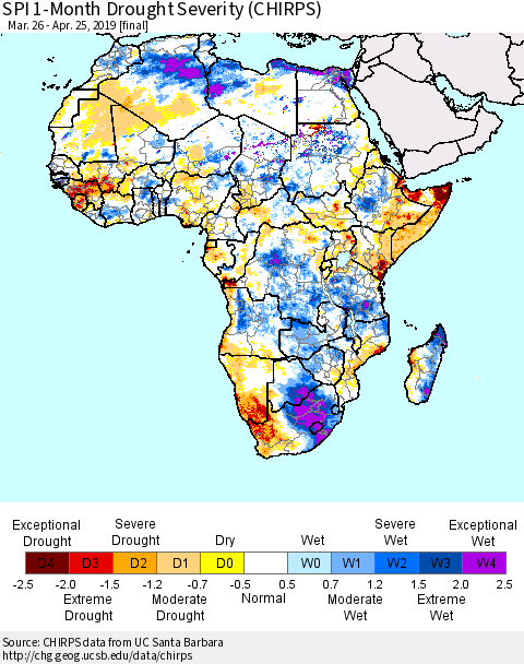 Africa SPI 1-Month Drought Severity (CHIRPS) Thematic Map For 3/26/2019 - 4/25/2019
