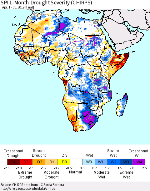 Africa SPI 1-Month Drought Severity (CHIRPS) Thematic Map For 4/1/2019 - 4/30/2019