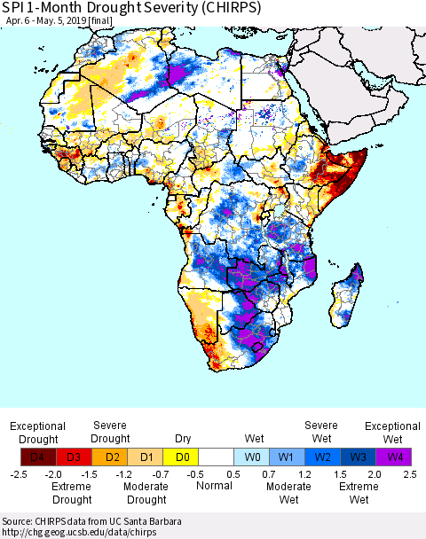 Africa SPI 1-Month Drought Severity (CHIRPS) Thematic Map For 4/6/2019 - 5/5/2019