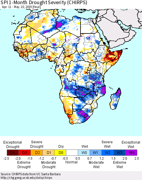 Africa SPI 1-Month Drought Severity (CHIRPS) Thematic Map For 4/11/2019 - 5/10/2019