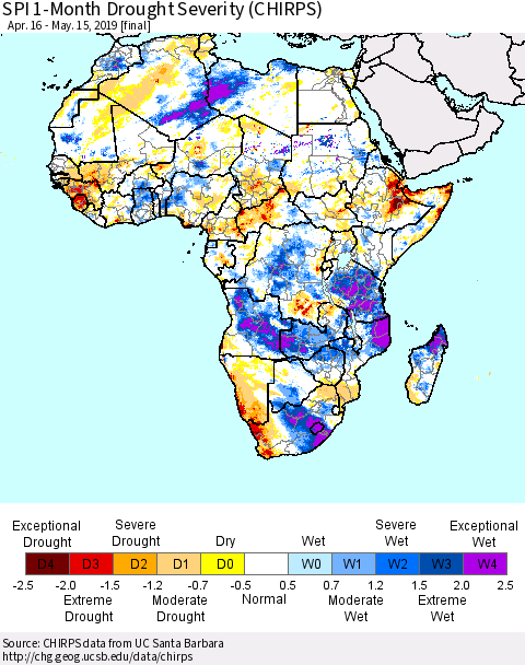 Africa SPI 1-Month Drought Severity (CHIRPS) Thematic Map For 4/16/2019 - 5/15/2019