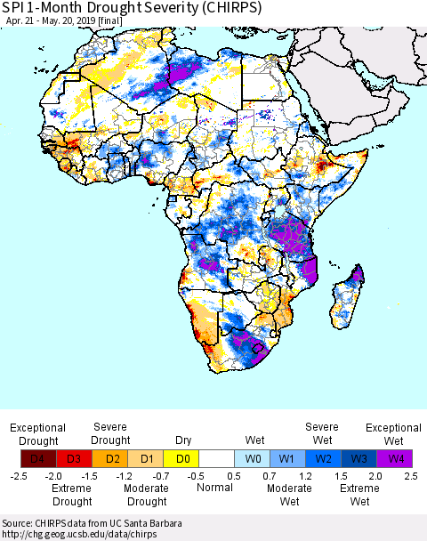 Africa SPI 1-Month Drought Severity (CHIRPS) Thematic Map For 4/21/2019 - 5/20/2019