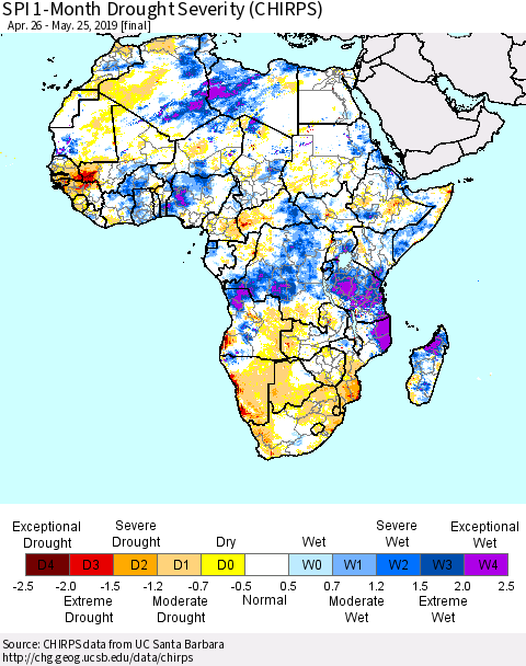 Africa SPI 1-Month Drought Severity (CHIRPS) Thematic Map For 4/26/2019 - 5/25/2019