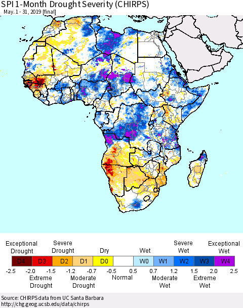Africa SPI 1-Month Drought Severity (CHIRPS) Thematic Map For 5/1/2019 - 5/31/2019