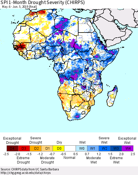Africa SPI 1-Month Drought Severity (CHIRPS) Thematic Map For 5/6/2019 - 6/5/2019