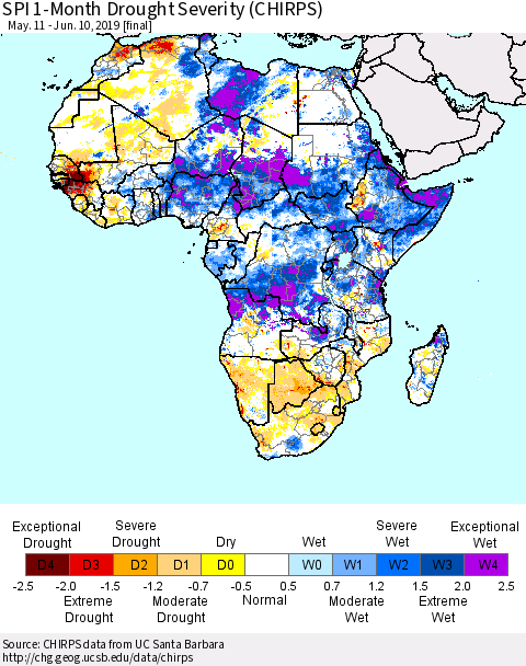 Africa SPI 1-Month Drought Severity (CHIRPS) Thematic Map For 5/11/2019 - 6/10/2019