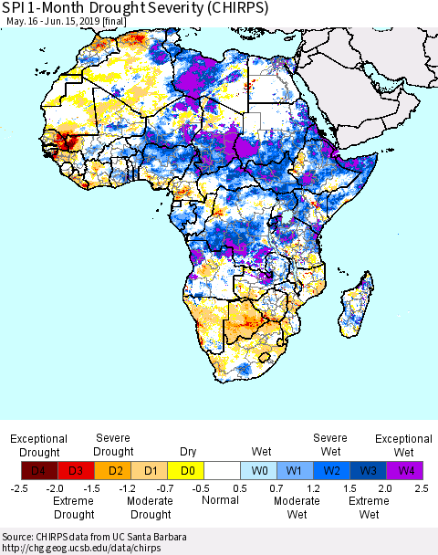 Africa SPI 1-Month Drought Severity (CHIRPS) Thematic Map For 5/16/2019 - 6/15/2019