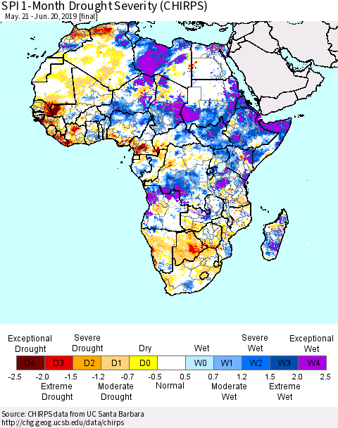 Africa SPI 1-Month Drought Severity (CHIRPS) Thematic Map For 5/21/2019 - 6/20/2019
