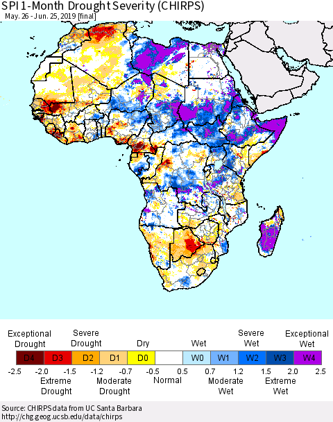 Africa SPI 1-Month Drought Severity (CHIRPS) Thematic Map For 5/26/2019 - 6/25/2019