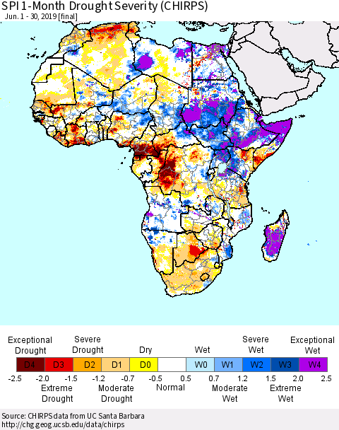 Africa SPI 1-Month Drought Severity (CHIRPS) Thematic Map For 6/1/2019 - 6/30/2019