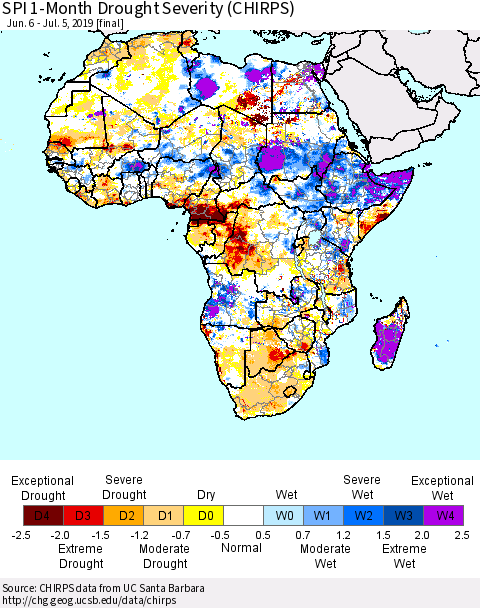 Africa SPI 1-Month Drought Severity (CHIRPS) Thematic Map For 6/6/2019 - 7/5/2019