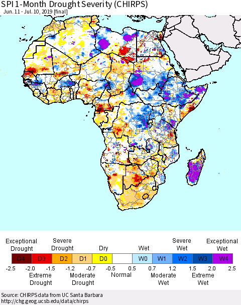 Africa SPI 1-Month Drought Severity (CHIRPS) Thematic Map For 6/11/2019 - 7/10/2019