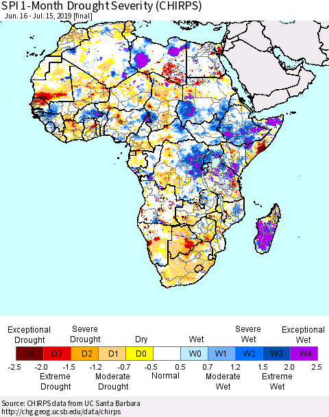 Africa SPI 1-Month Drought Severity (CHIRPS) Thematic Map For 6/16/2019 - 7/15/2019