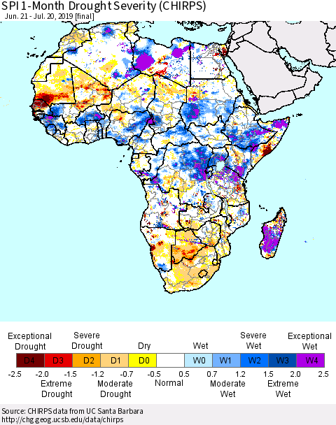 Africa SPI 1-Month Drought Severity (CHIRPS) Thematic Map For 6/21/2019 - 7/20/2019