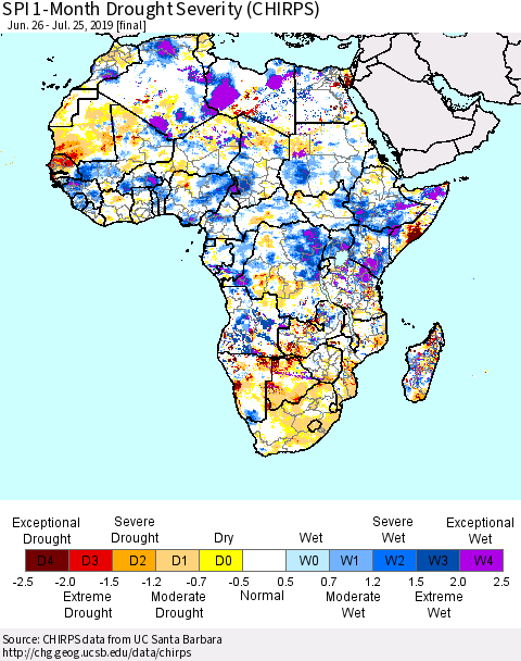 Africa SPI 1-Month Drought Severity (CHIRPS) Thematic Map For 6/26/2019 - 7/25/2019