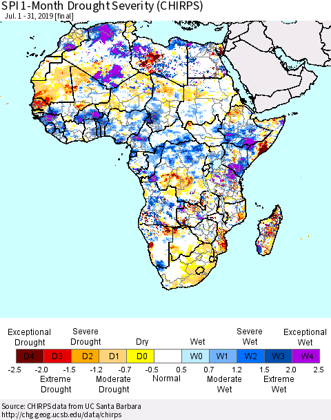 Africa SPI 1-Month Drought Severity (CHIRPS) Thematic Map For 7/1/2019 - 7/31/2019