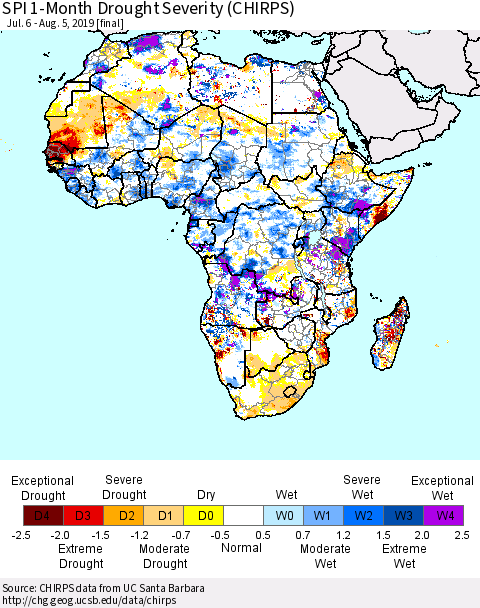 Africa SPI 1-Month Drought Severity (CHIRPS) Thematic Map For 7/6/2019 - 8/5/2019