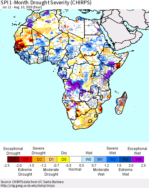 Africa SPI 1-Month Drought Severity (CHIRPS) Thematic Map For 7/11/2019 - 8/10/2019