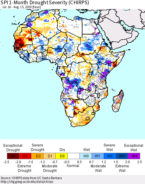 Africa SPI 1-Month Drought Severity (CHIRPS) Thematic Map For 7/16/2019 - 8/15/2019
