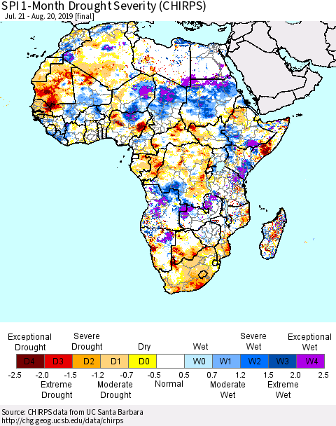 Africa SPI 1-Month Drought Severity (CHIRPS) Thematic Map For 7/21/2019 - 8/20/2019