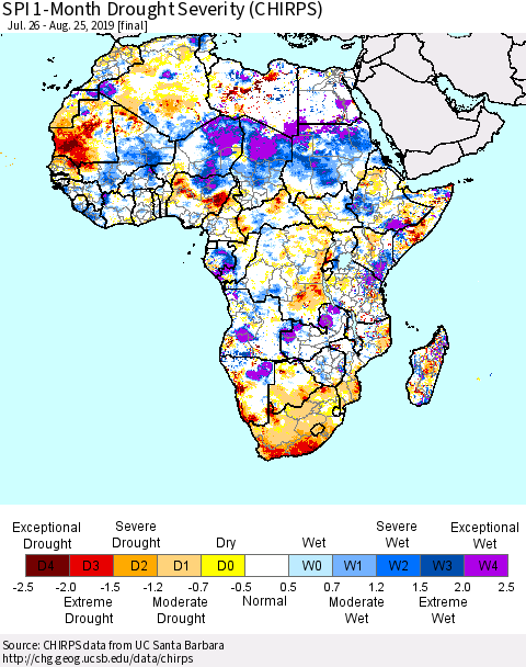 Africa SPI 1-Month Drought Severity (CHIRPS) Thematic Map For 7/26/2019 - 8/25/2019