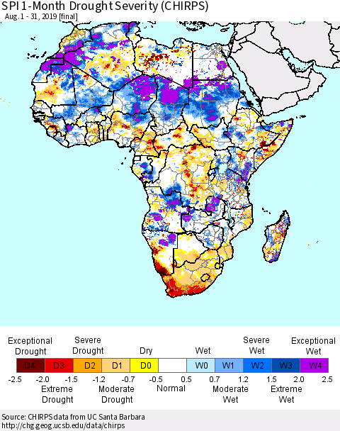 Africa SPI 1-Month Drought Severity (CHIRPS) Thematic Map For 8/1/2019 - 8/31/2019