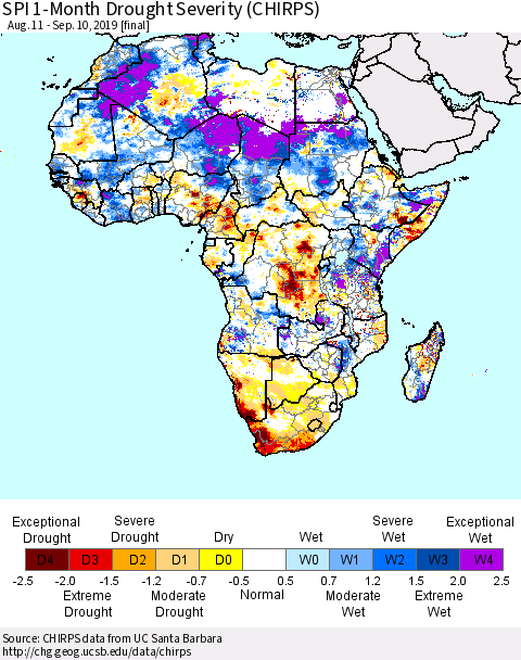 Africa SPI 1-Month Drought Severity (CHIRPS) Thematic Map For 8/11/2019 - 9/10/2019