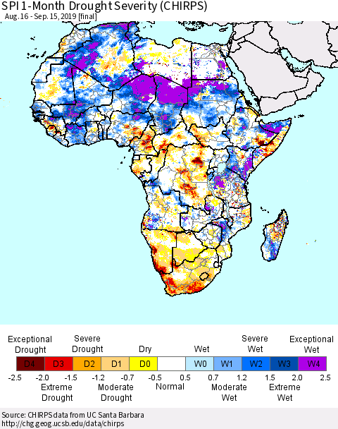 Africa SPI 1-Month Drought Severity (CHIRPS) Thematic Map For 8/16/2019 - 9/15/2019