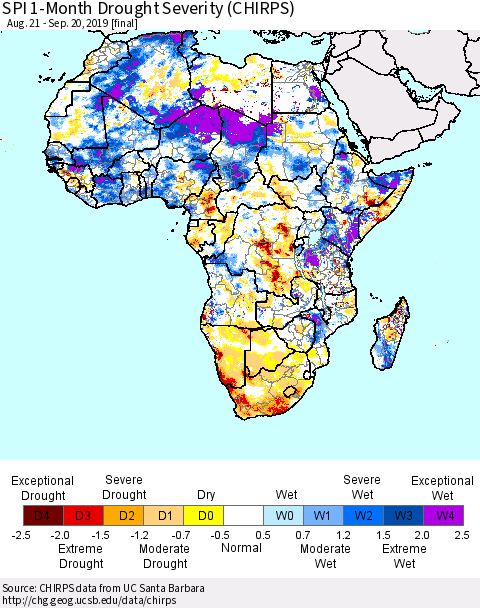 Africa SPI 1-Month Drought Severity (CHIRPS) Thematic Map For 8/21/2019 - 9/20/2019