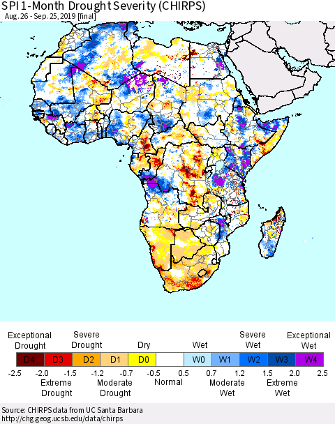 Africa SPI 1-Month Drought Severity (CHIRPS) Thematic Map For 8/26/2019 - 9/25/2019