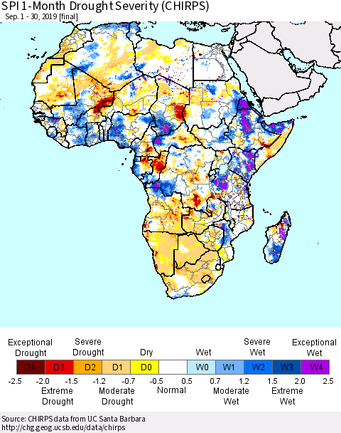 Africa SPI 1-Month Drought Severity (CHIRPS) Thematic Map For 9/1/2019 - 9/30/2019