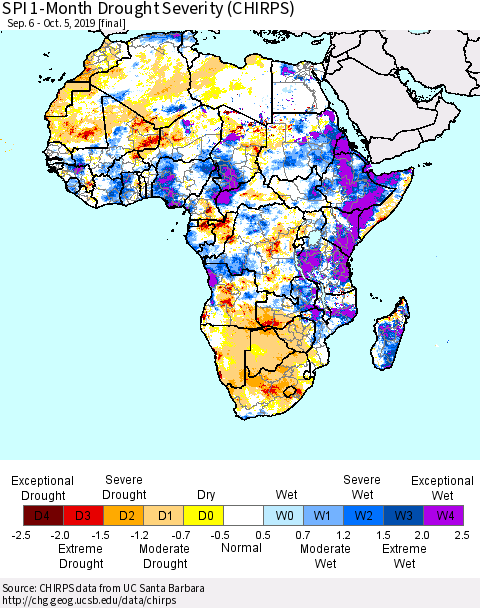 Africa SPI 1-Month Drought Severity (CHIRPS) Thematic Map For 9/6/2019 - 10/5/2019