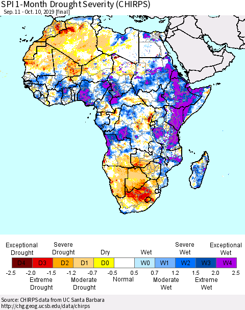 Africa SPI 1-Month Drought Severity (CHIRPS) Thematic Map For 9/11/2019 - 10/10/2019