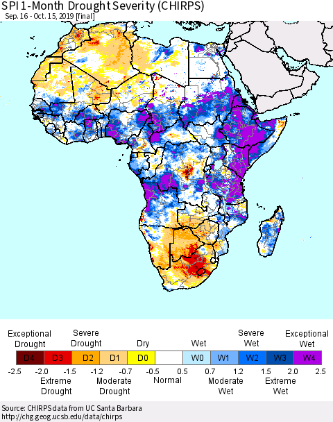 Africa SPI 1-Month Drought Severity (CHIRPS) Thematic Map For 9/16/2019 - 10/15/2019