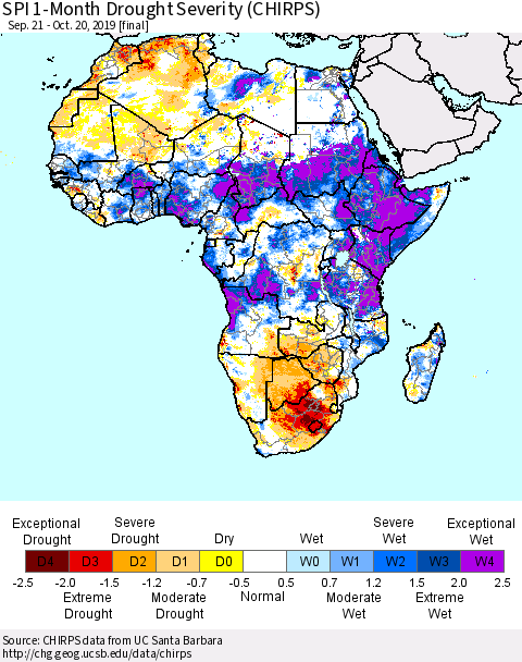 Africa SPI 1-Month Drought Severity (CHIRPS) Thematic Map For 9/21/2019 - 10/20/2019