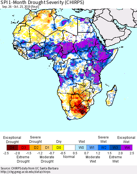 Africa SPI 1-Month Drought Severity (CHIRPS) Thematic Map For 9/26/2019 - 10/25/2019