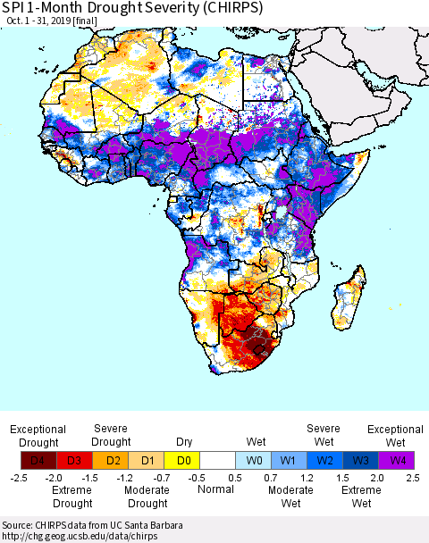Africa SPI 1-Month Drought Severity (CHIRPS) Thematic Map For 10/1/2019 - 10/31/2019