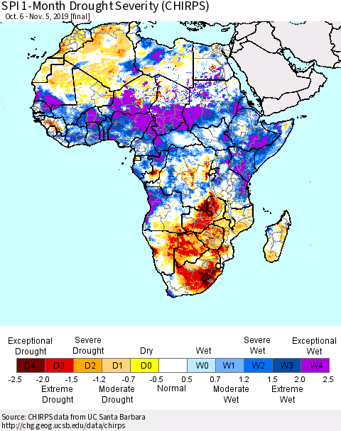 Africa SPI 1-Month Drought Severity (CHIRPS) Thematic Map For 10/6/2019 - 11/5/2019
