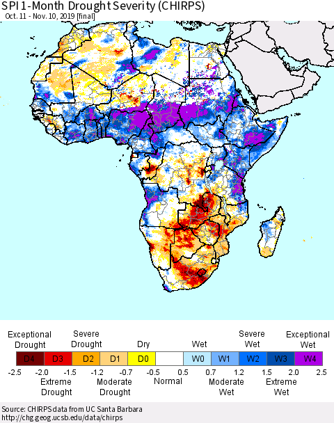 Africa SPI 1-Month Drought Severity (CHIRPS) Thematic Map For 10/11/2019 - 11/10/2019