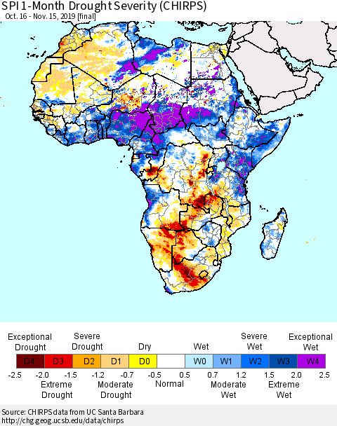 Africa SPI 1-Month Drought Severity (CHIRPS) Thematic Map For 10/16/2019 - 11/15/2019