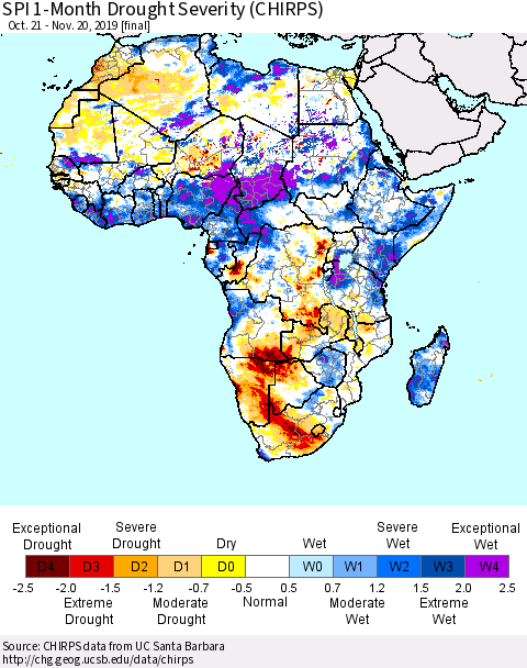 Africa SPI 1-Month Drought Severity (CHIRPS) Thematic Map For 10/21/2019 - 11/20/2019