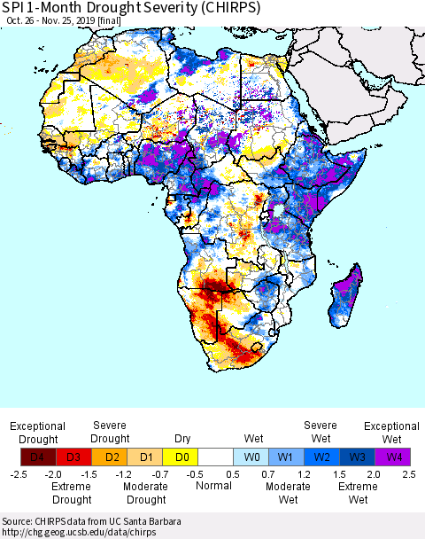 Africa SPI 1-Month Drought Severity (CHIRPS) Thematic Map For 10/26/2019 - 11/25/2019